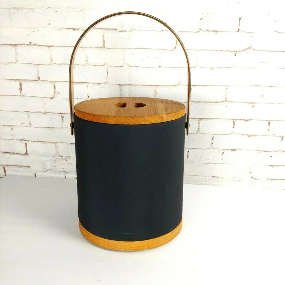 Morgan Ice Bucket with Lid Vinyl Covered in Brown with Wood Mid Century MCM